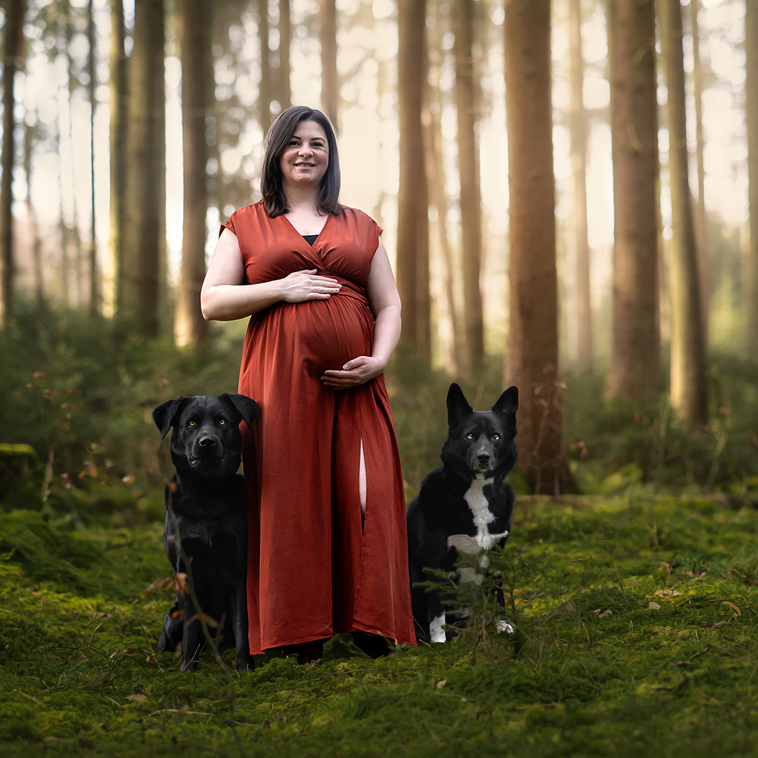 schwangere Frau mit zwei Hunden im Wald