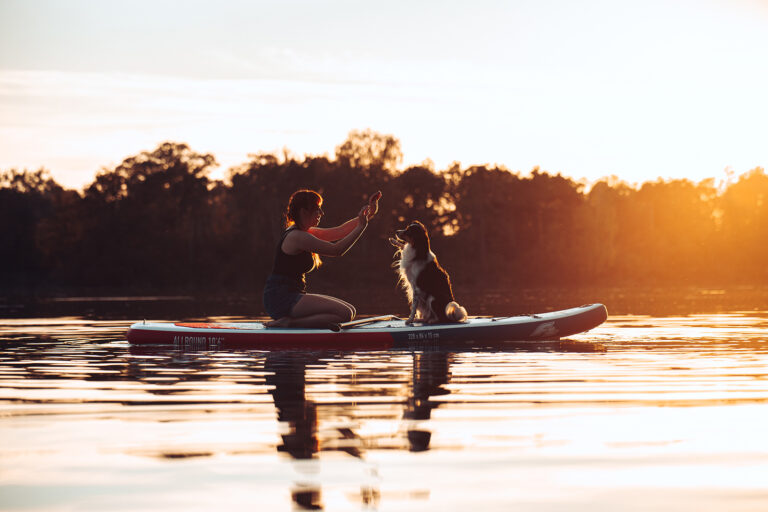 Hund und Frau sitzen auf stand up paddle in Ingolstadt