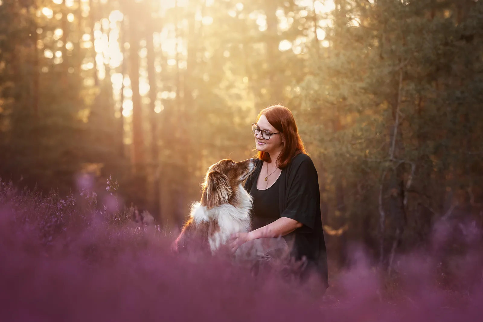 Frau sitzt mit ihrem Hund in der Heide bei Sonnenuntergang während eines Hundefotoshootings