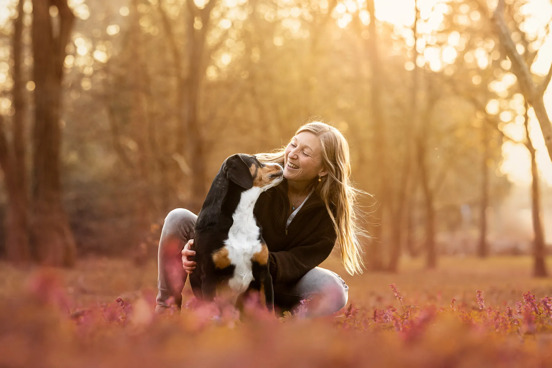 Frau sitzt mit ihrem Entlebucher Sennenhund auf einer Frühlingswiese beim Hundefotoshooting in Ingolstadt