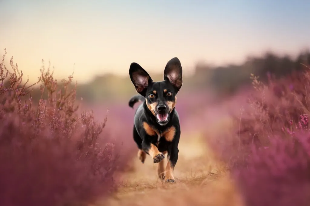 Hund läuft durch die Heide