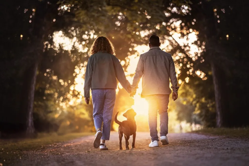 Paar läuft Händchen haltend mit Welpe in den Sonnenuntergang